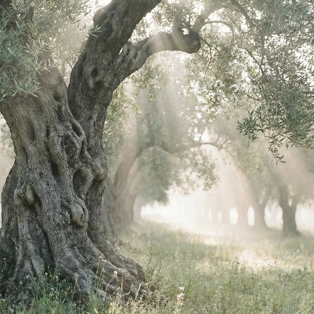 Υπεραιωνόβια ελιά στον παραδοσιακό ελαιώνα της Άμφισσας με το φως του ήλιου να περνά ανάμεσα από τα κλαδιά.