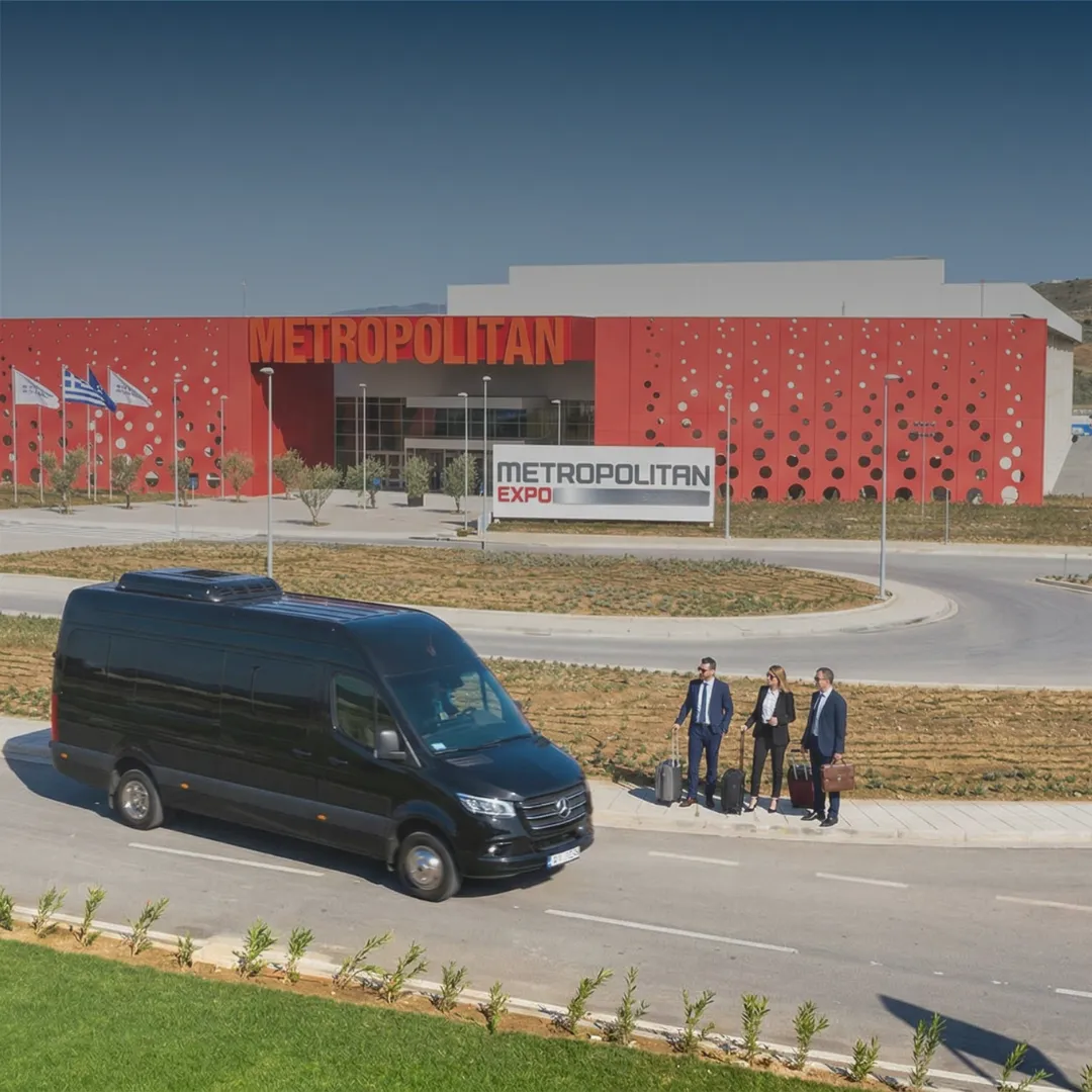 Μαύρο πολυτελές minibus της Athens Bus Transfer έξω από το Metropolitan Expo για μεταφορά εταιρικών ομάδων.