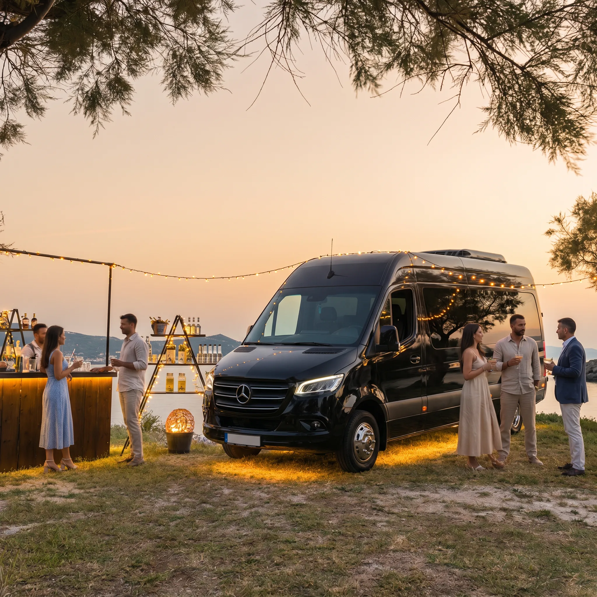 Εταιρική μεταφορά προσωπικού με Mercedes minibus σε καλοκαιρινή εκδήλωση team building δίπλα στη θάλασσα